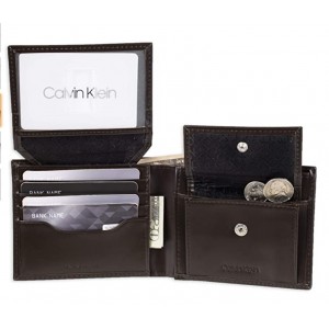 [熱門之選] Calvin Klein Men's RFID Blocking Leather Bifold Coin Wallet- Brown